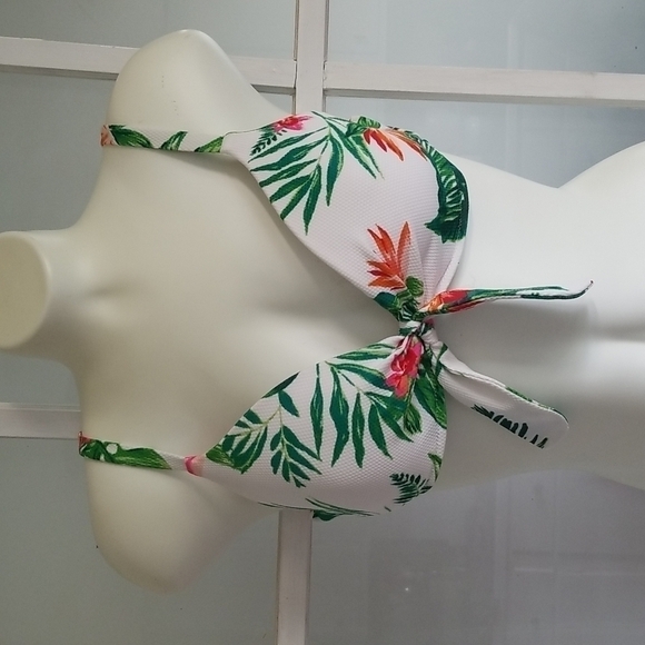 SHADE & Shore Bikini Top Swim Leaf Flower Print White Size 34B - Picture 2 of 9